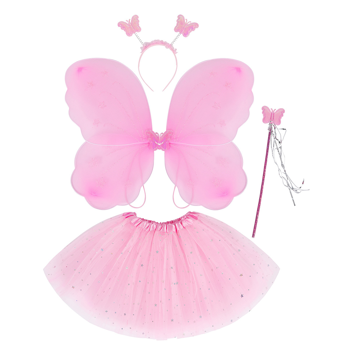 Cross-border sourced children's butterfly wing set Five-star glitter pom-pom dress + wing decoration props 4-piece set