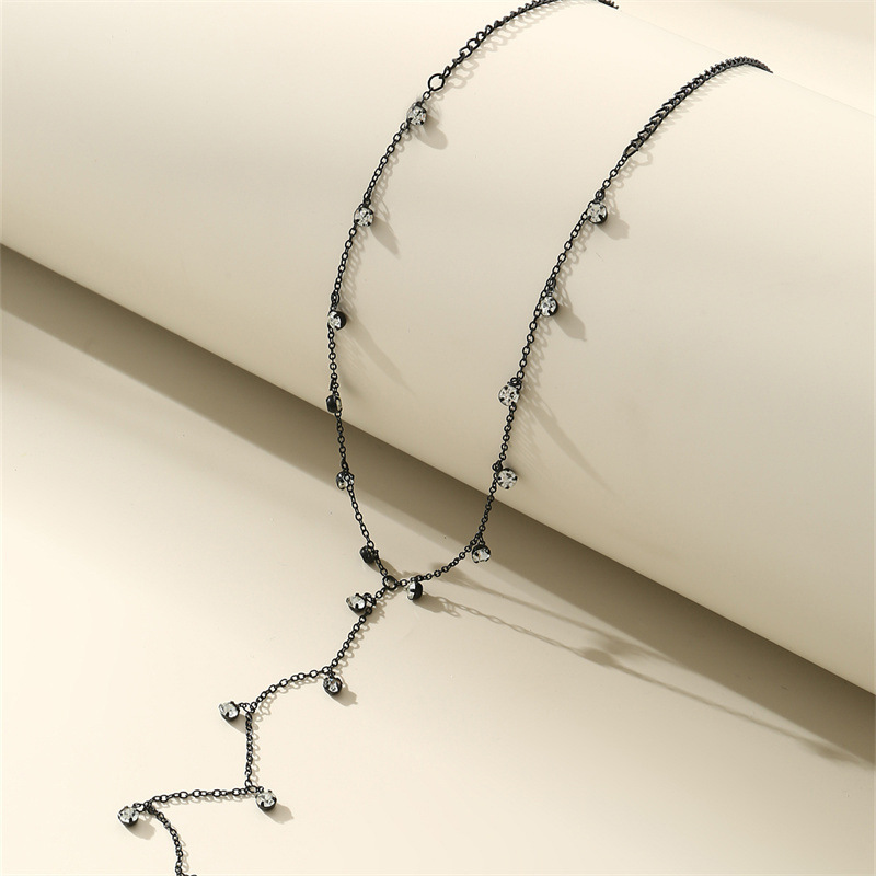 Collana lunga da donna in stile designer con strass nero e zircone, catena da maglione, catena da donna_voghion.com