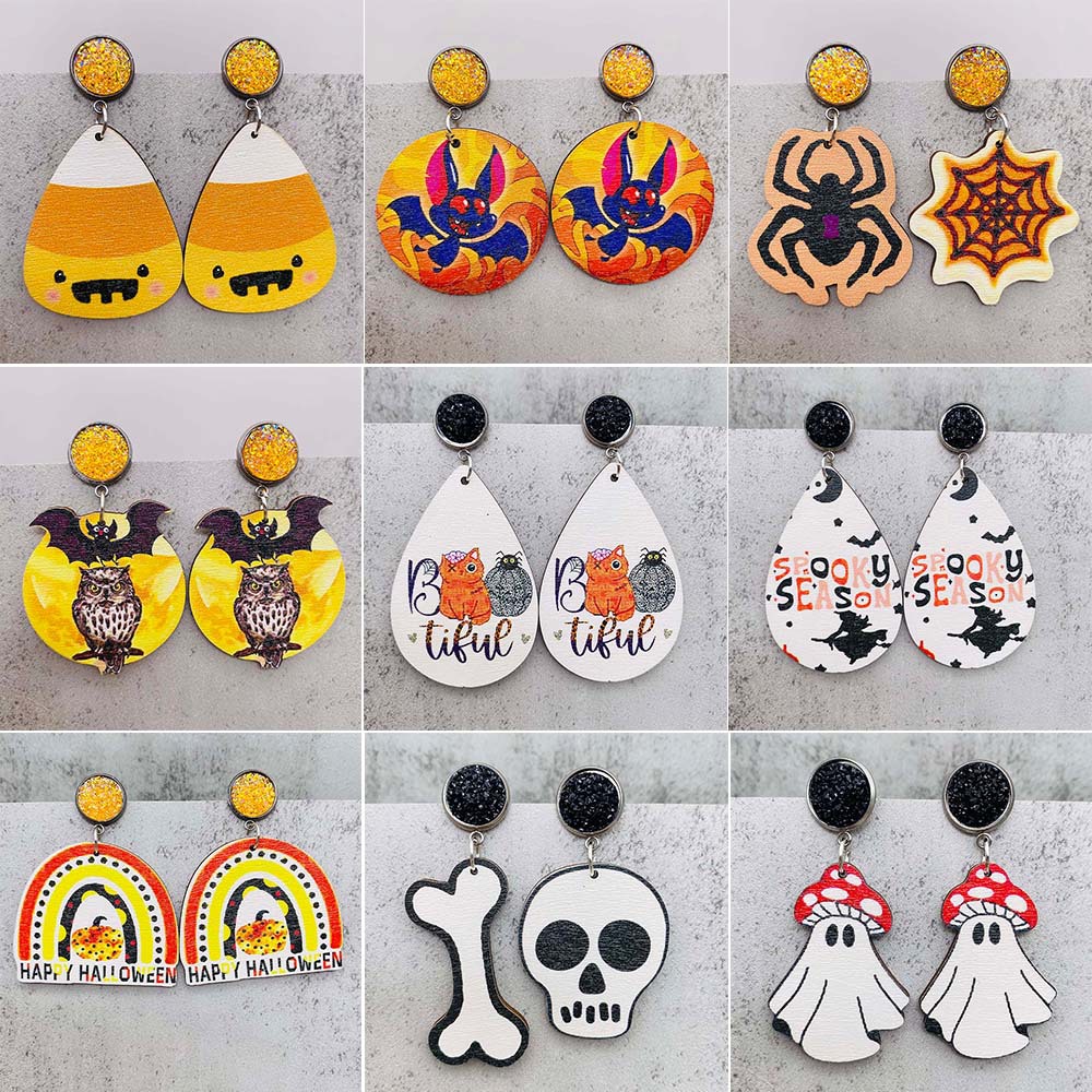 7g Weight Drop Earrings Classification 1 Pair Quantity Daily Occasion Wood Material Halloween Festival Owl, Spider, Skull Pattern Women's Gender Retro, Funny Style 1 Pair Halloween Retro Funny Owl Spider Skull Wood Drop Earrings 无