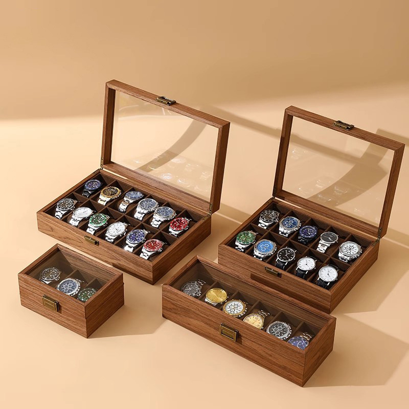 Walnut Wood Grain Watch Box Jewelry Storage Box Glass Skylight Watch Collection Box Bracelet Watch Display Box