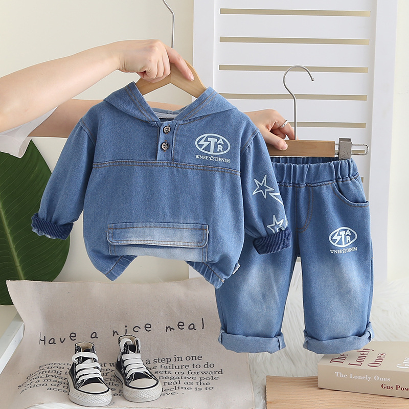 男童时尚连帽牛仔套头衫套装今年秋季新款男童长袖大口袋牛仔帽衫