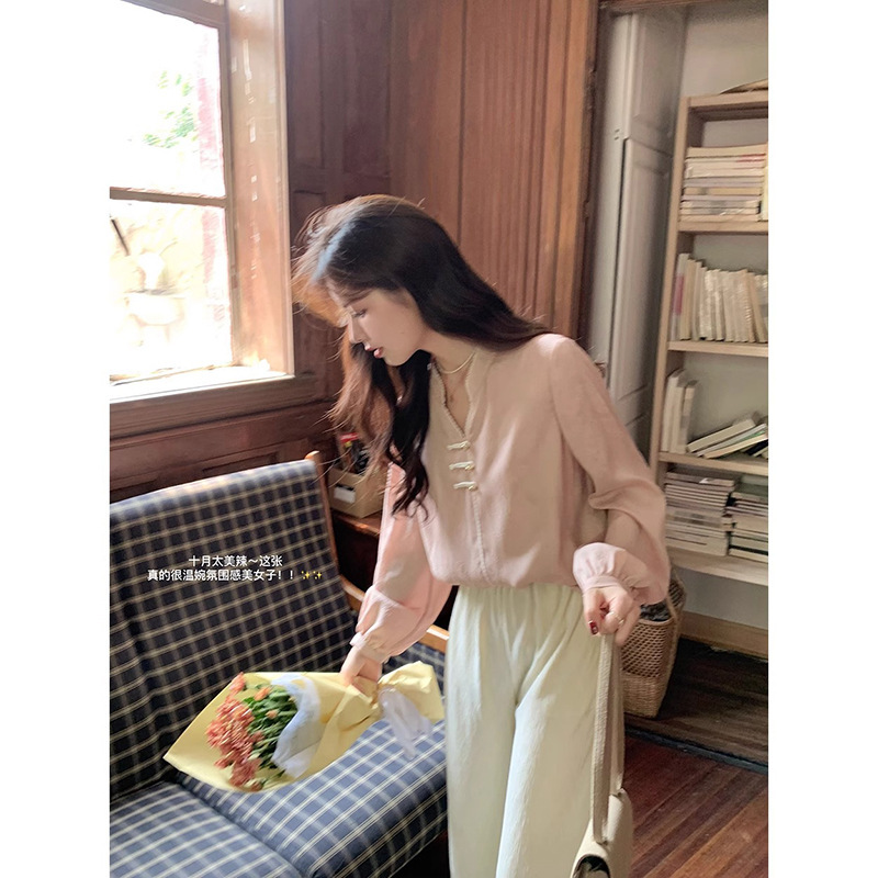Miss Flower Mouse Acacia Chinese Style Buttoned Top Women's Niche Jacquard Small Loose Long-Sleeved Shirt