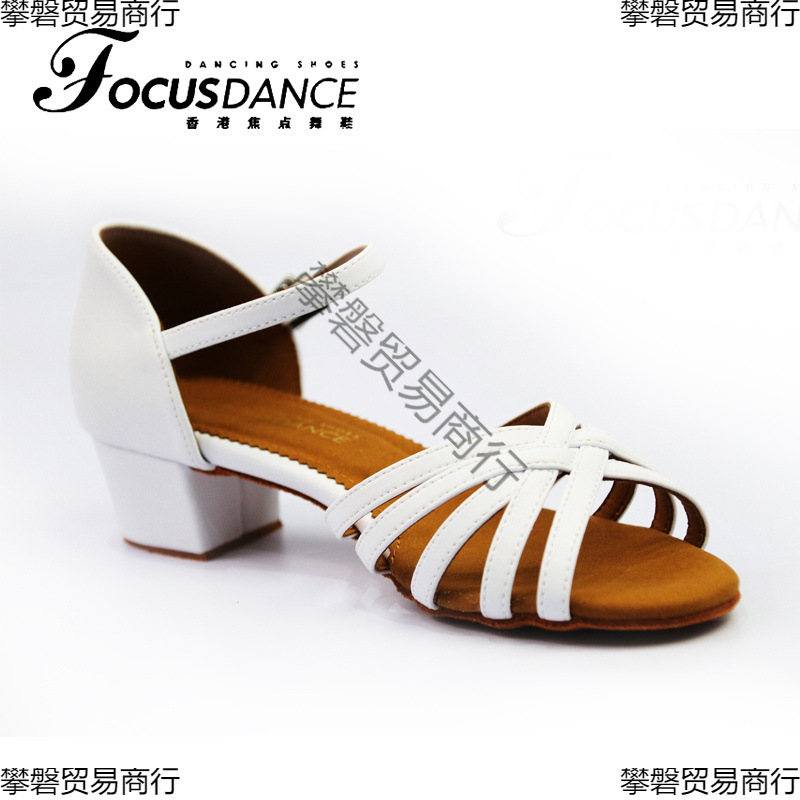 Hong Kong Focus Dance Shoes Children's Latin Shoes White Black Leather Basic Cross Style Children's Shoes Small Square Heels