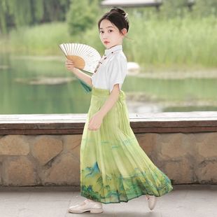 Girls' Traditional Style Half Skirt Chinese Style Summer Thin Set Mamian Skirt 2024 New Children's Ancient Costume Hanfu Tang Suit