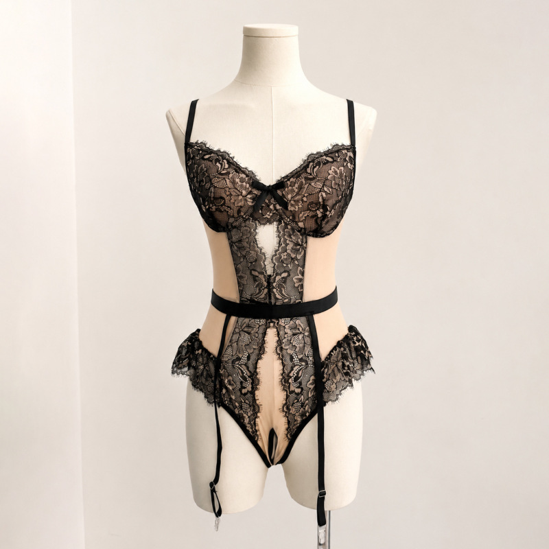 Black Lace Underwire One-Piece Garter Belt Lingerie Set Cross-Border Teddy Bodysuit Garter Belt Lingerie