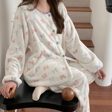 韩国ins冬季新品韩版双面绒甜美蝴蝶结印花撞色边家居服睡衣套装