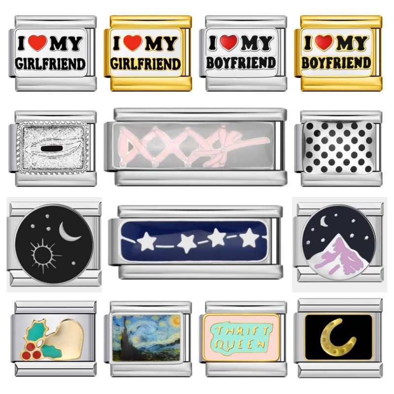 Cross-Border Stainless Steel Italian Modular Bracelet with Welded Oil-Drip Polka Dot Pattern DIY Modular Jewelry Gift