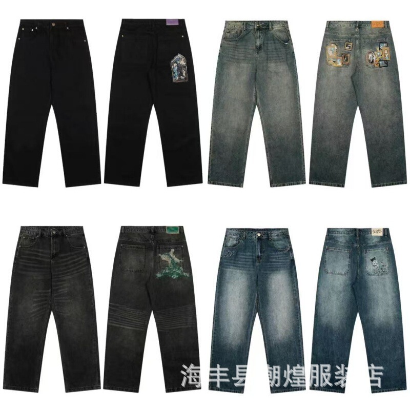 跨境外贸潮牌derschutze休闲长裤梅花刺绣街头潮流宽松阔脚牛仔裤|undefined