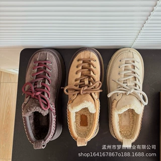 民族风厚底乐福鞋毛毛鞋系带雪地靴皮毛一体女短靴一脚蹬懒人鞋
