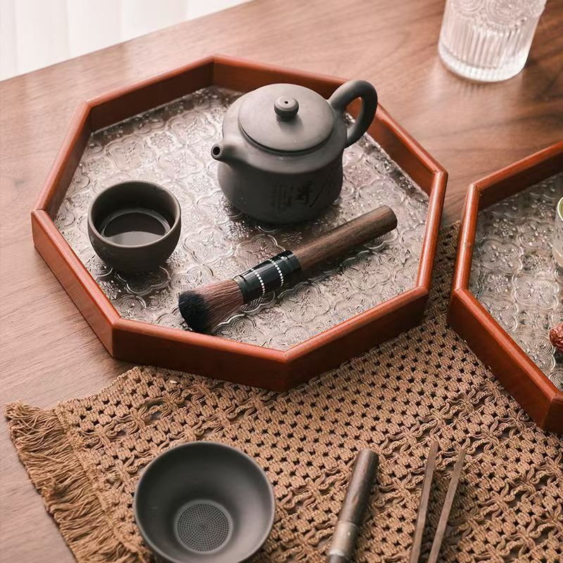 Luz de lujo retro bandeja octagonal sala de estar mesa de vidrio platos de taza de madera para el hogar bandeja de té