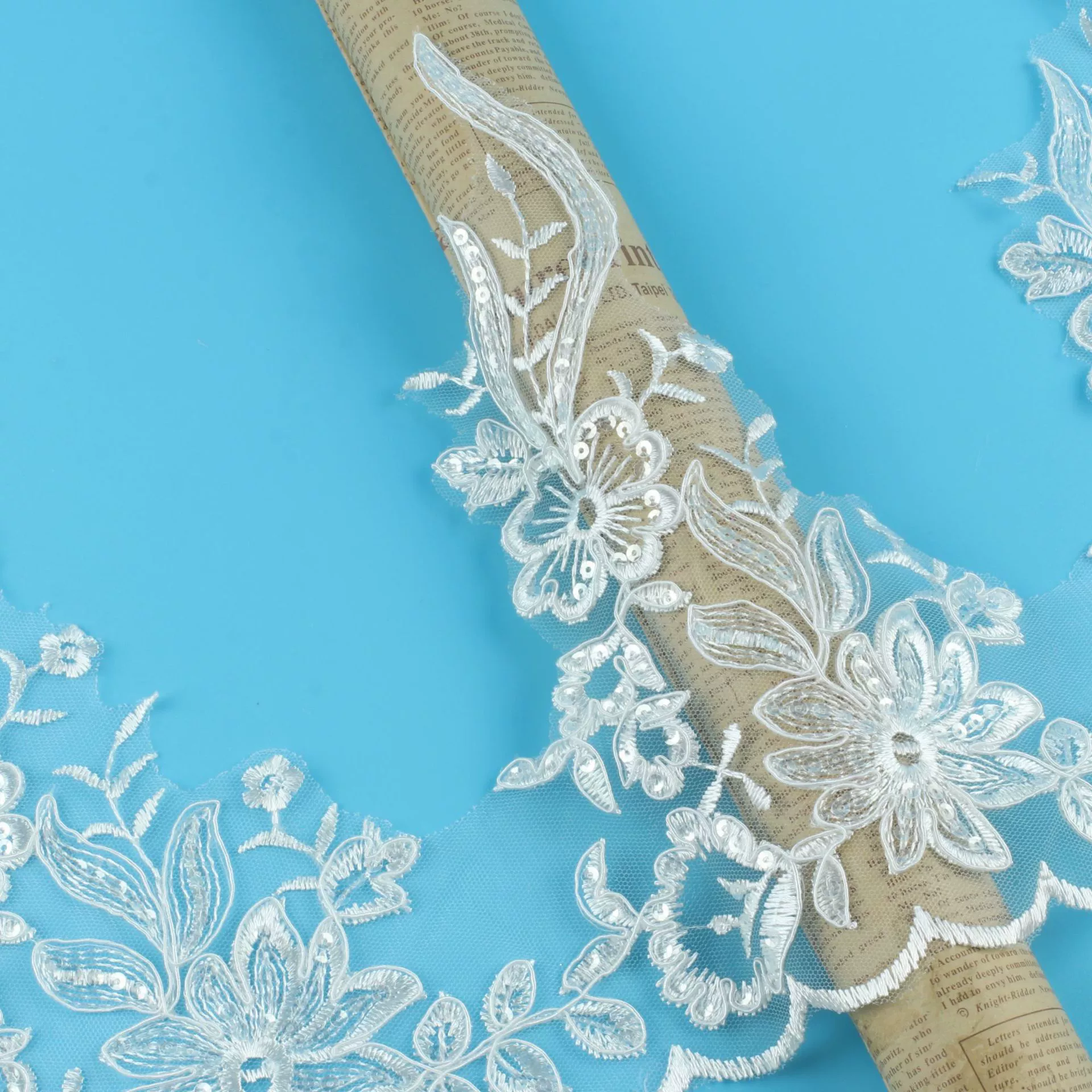 Lace sequin trim applique, bridal accessory, 26 см width, bleached/crystal or white transparent