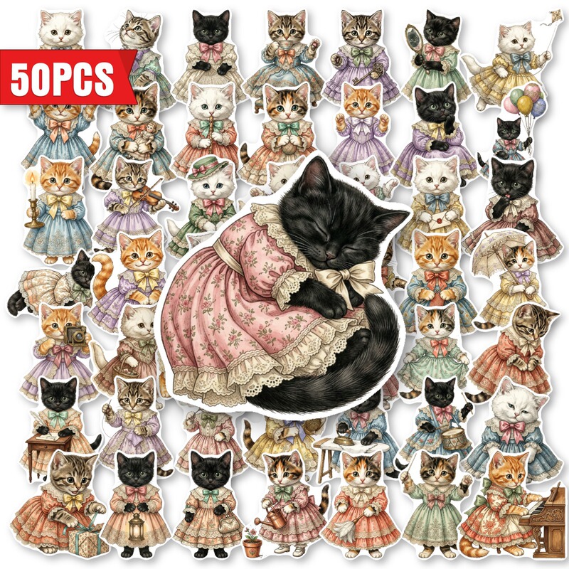 50 vintage Victorian dress cat stickers, European court dress kitten watercolor cartoon waterproof decals 50 vintage Victorian dress cat stickers, European court dress kitten watercolor cartoon waterproof decals