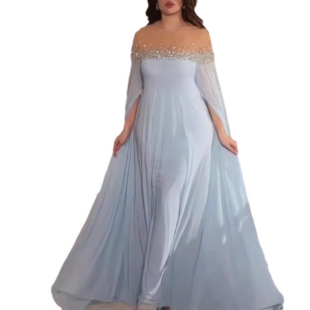 Vestido de Noche Elegante y Sexy de Estilo Europeo y Americano, Primavera/Verano 2023, Cintura Alta, con Pedrería y Perlas, en Chifón. image 6