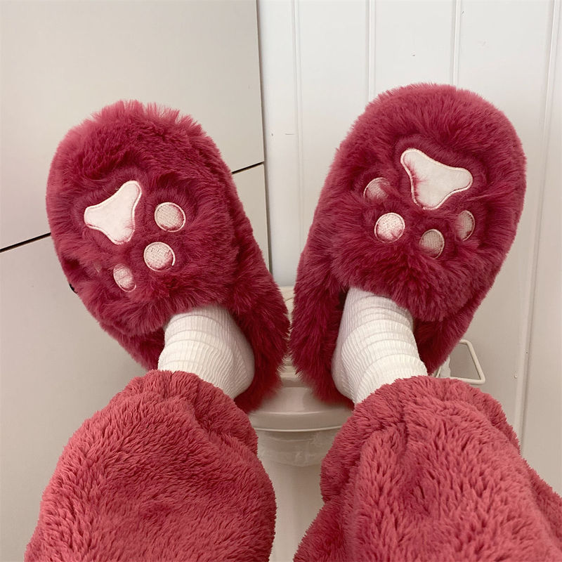 Thin Cute Strawberry Bear Claw Plush Cotton Slippers Women's Winter Thick Bottom Half Heel Warm Moon Shoes