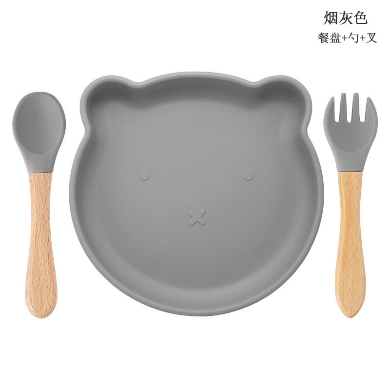 Bebé de alimentación placa cuchara Tenedor traje grado alimenticio silicona Integrado placa niños dibujos animados oso vajilla materna y infantil