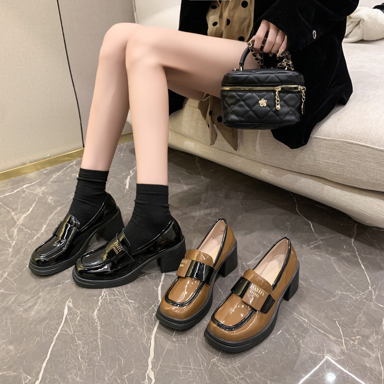 法式女鞋漆皮粗跟单鞋2025年秋季新款配裙子高跟鞋气质时尚小皮鞋