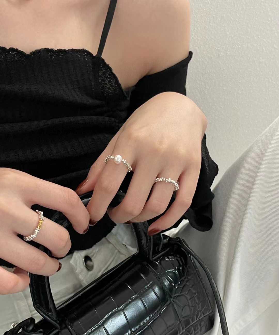 s925纯银碎银子戒指小众设计感食指关节戒弹力绳天