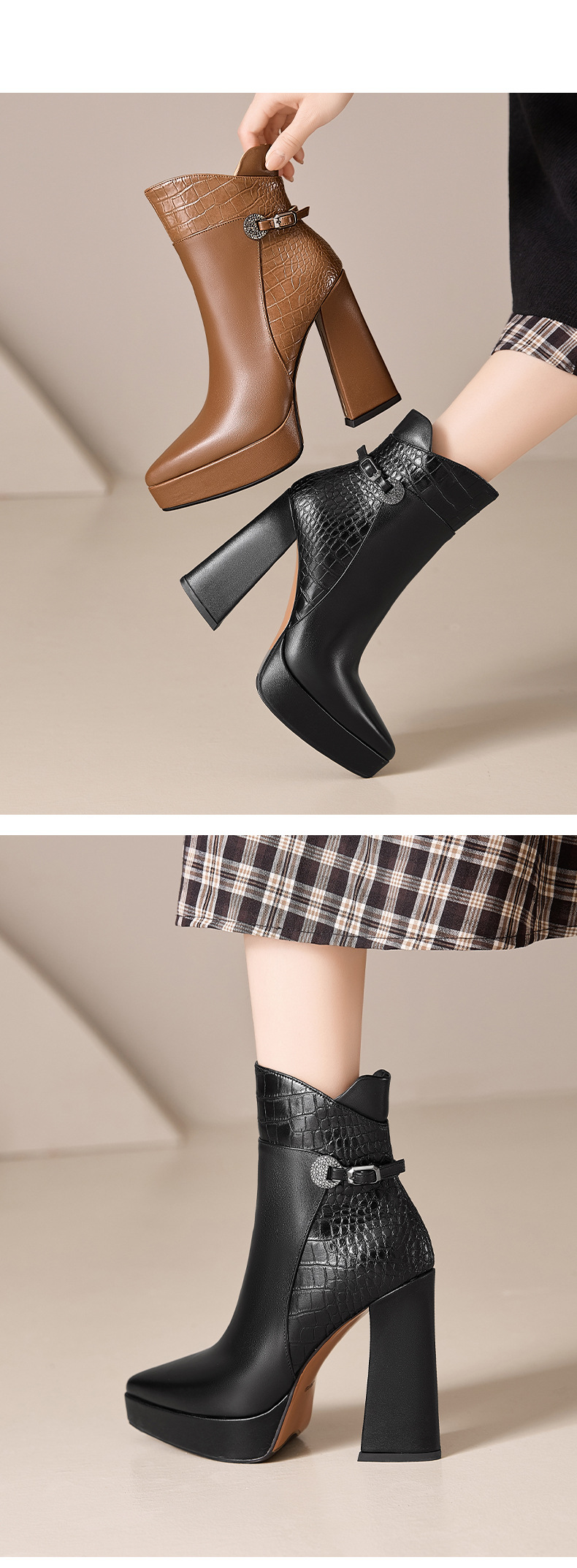 Boot nữ cổ thấp mũi nhọn da bò cao cấp gót siêu cao đế dày mùa thu đông — nâu, màu đen chi tiết 5