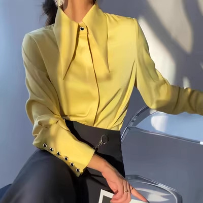 Cross-Border 2026 Spring and Autumn Satin Pointed Collar Shirt with Button-Up Design, Long Sleeves, Stylish and Elegant Women's Fashion for Commuting Cross-Border 2026 Spring and Autumn Satin Pointed Collar Shirt with Button-Up Design, Long Sleeves, Stylish and Elegant Women's Fashion for Commuting