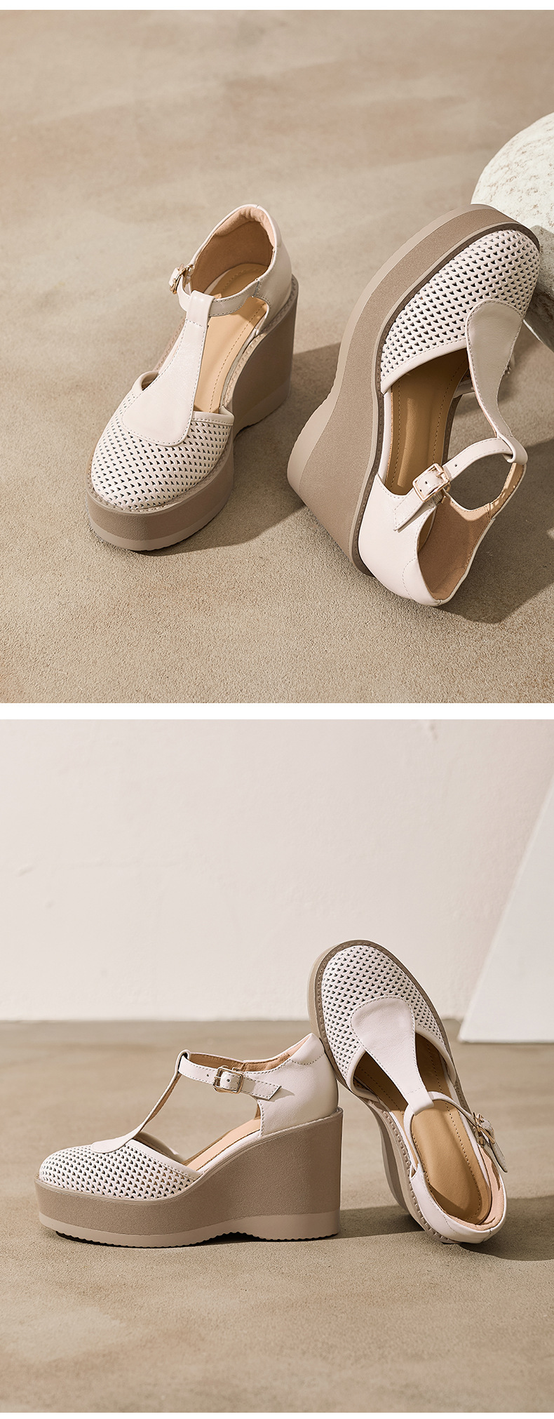 Sandal cao gót nữ đế dày 9.5 cm quai khóa chữ T phong cách tổ chim — màu trắng ngà chi tiết 10