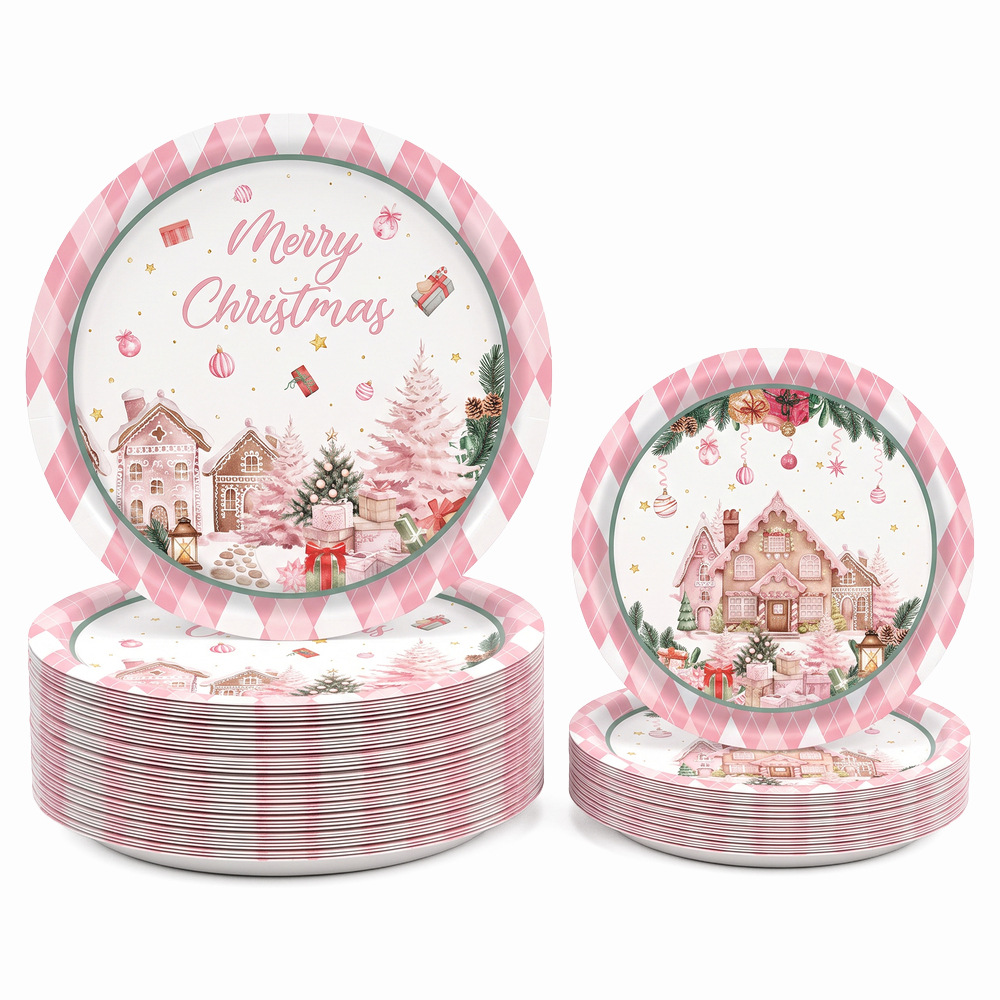 Cross-border watercolor pink Christmas tree Christmas paper plates, Merry Christmas, family holiday dessert plates