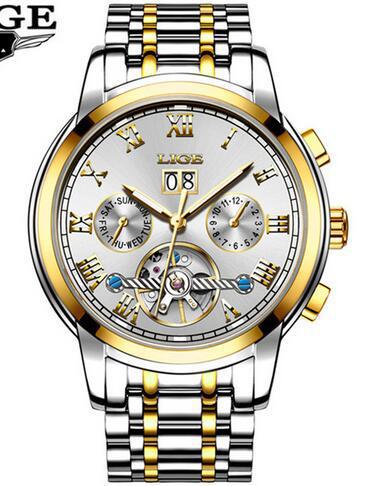 LIGE 9813 caliente-venta hueco transparente Tourbillon multifunción reloj mecánico automático correa de acero reloj de hombre