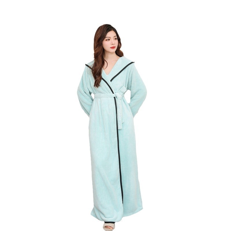 가을과 겨울 홈 성인 잠옷 여성 느슨한 목욕 타월 산호 양털 두꺼운 긴 소매 후드 흡수 목욕 가운 착용