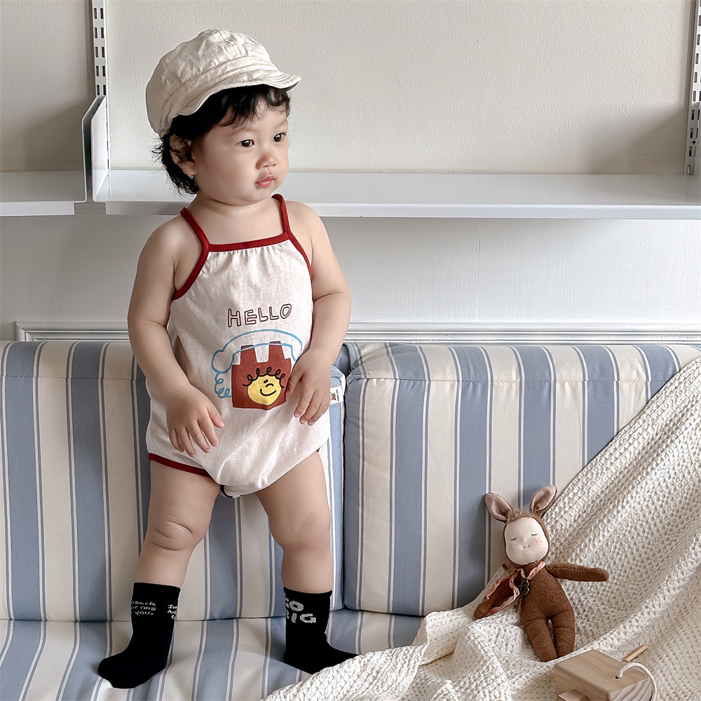 Verano coreano estilo ins diseño de nicho estilo delgado letras de dibujos animados bebé sin mangas 0-2 años cabestrillo fuera mamelucos