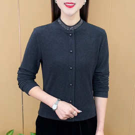 设计感立领德绒套头长袖打底衫秋冬季新款妈妈装烫钻别致上衣女装