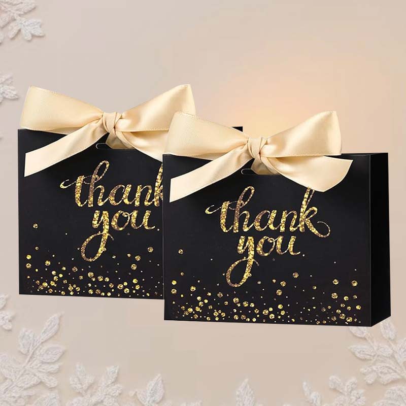 Caja de dulces para recuerdo de boda, pequeña caja de regalo negra con estampado dorado, bolsa de regalo para Navidad, cumpleaños o fiestas, caja de regalo de recuerdo lista para usar.