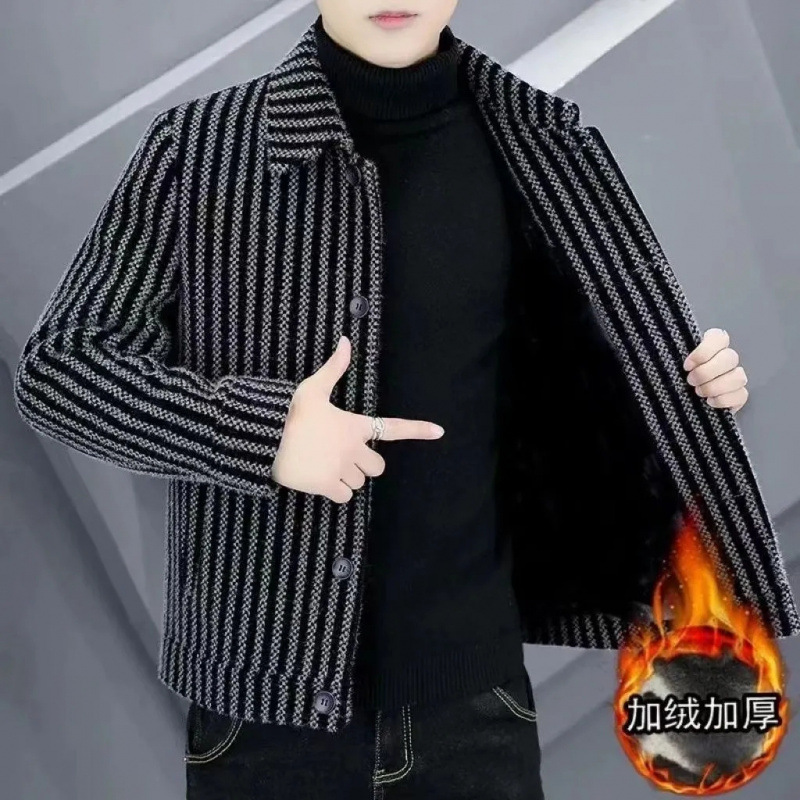 New Autumn and Winter Men's Outwears, High-End, Versatile, Thick Velvet Stripesd Woolen Outwears, Lapel Casual Jackets, Warm