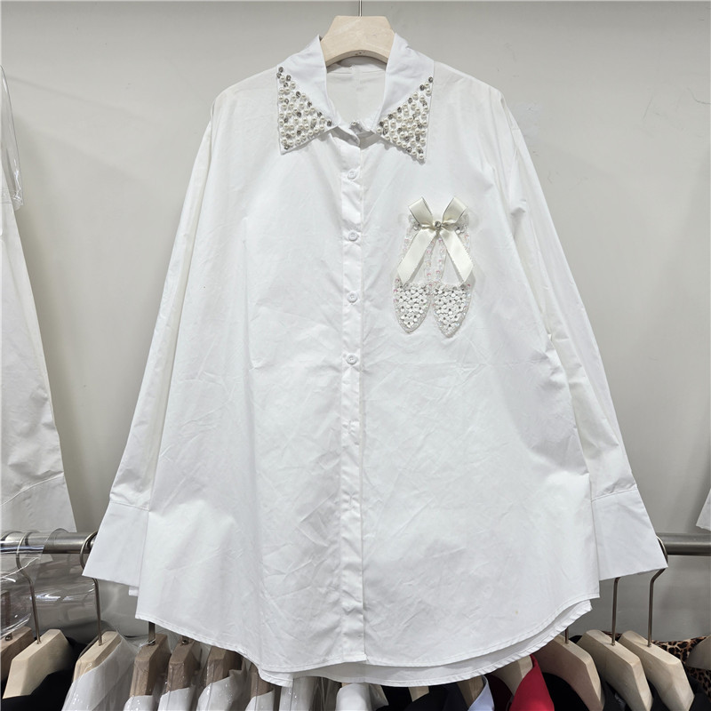Camisa Holgada de Manga Larga con Pedrería de Algodón y Poliéster