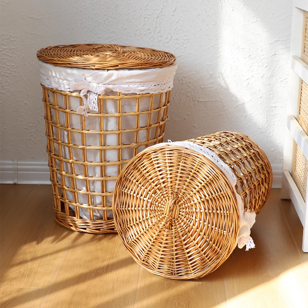 Cesta de almacenamiento de sauce personalizada con cubierta vacía con cesto de ropa sucia para tiendas de hotpot de caña pastoral