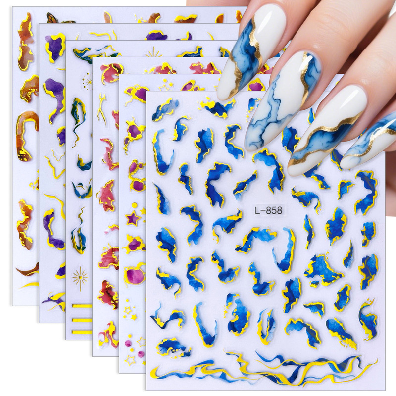 New Marble-Patterned Nail Stickers with 3D Gold Stamping, Butterfly Elements, Dunhuang Flying Fairy Ribbons, and Ins-Style Nail Art
