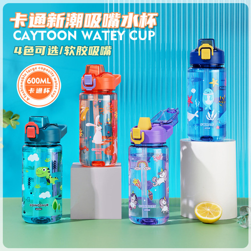 EcoCool Trendy Cartoon Water Bottle, Portable Outdoor Design, Large Capacity — Perfect for Students and Kids, Includes a 600mL Straw-Enabled Plastic Flask