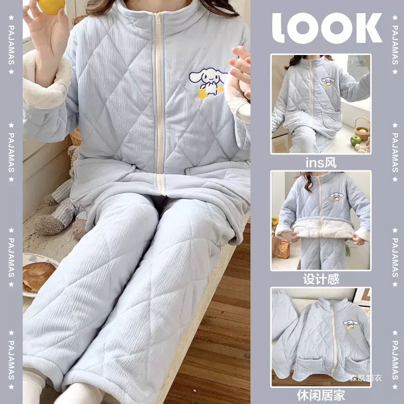 保暖居家三层夹棉睡衣女冬季拉链保暖棉袄家居服跨境批发质量睡衣