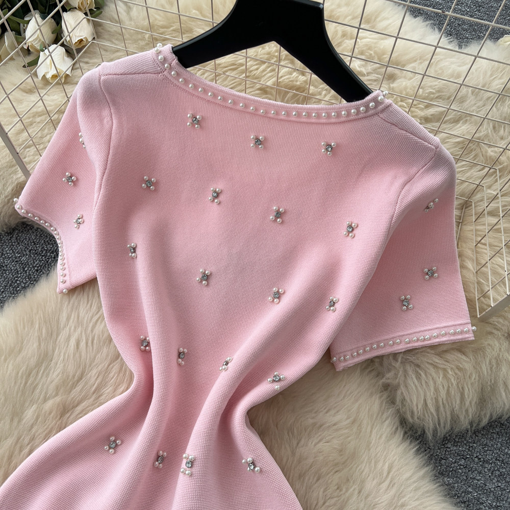 Women's French Style Beaded Short Sleeved Dress Summer Gentle Feminine High Waisted A-Line Skirt Slimming Flattering for Commuting_ecoleips.com