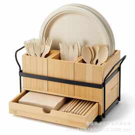 木制厨房餐具收纳盒木质带抽屉纸巾盒铁艺支架筷子勺子餐具收纳盒