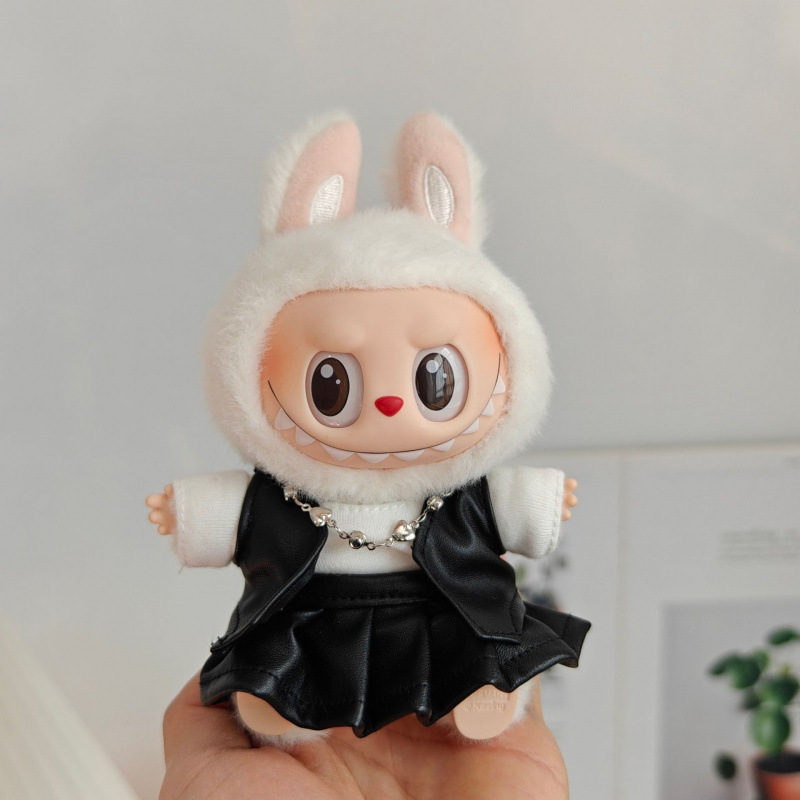 17 センチメートルビニールぬいぐるみマカロンラブブ LABUBU ベビー服ピンクガーゼスカートヘアアクセサリー着替え|undefined