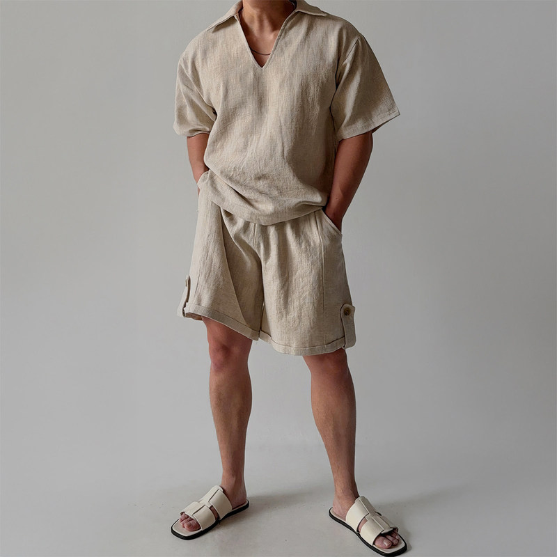 Davidme Khaki V-Neck Linen Short-Sleeved Shirt Men's Summer American Old Money Style Workwear Straight-Leg Quarter Shorts
