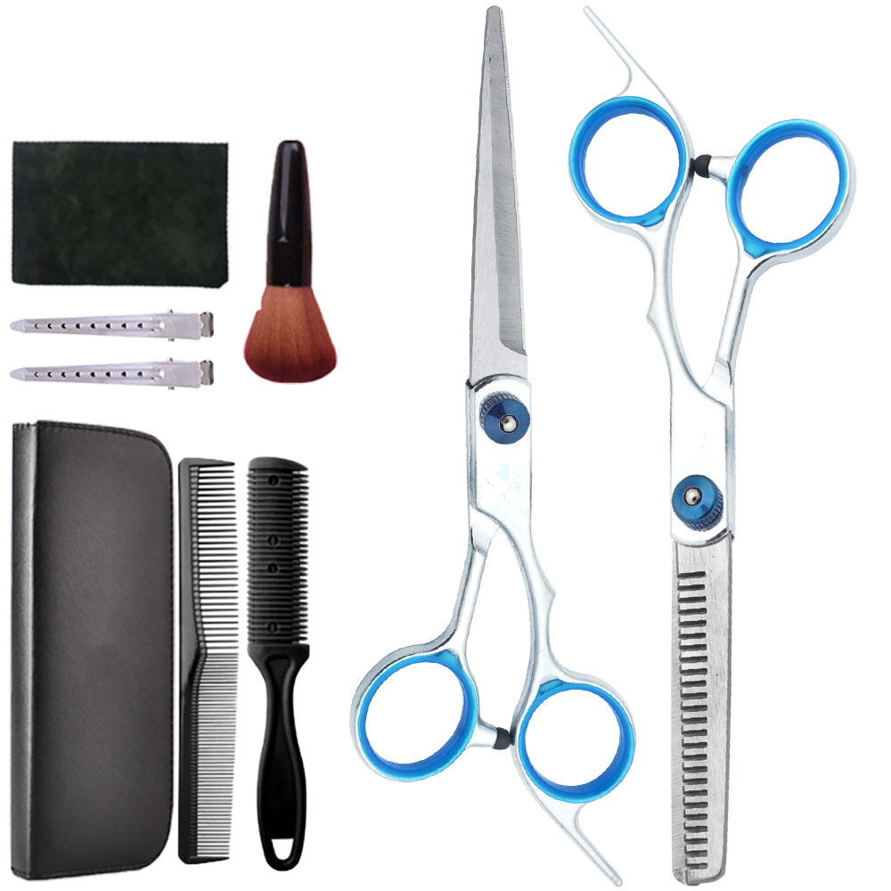 Un conjunto completo de tijeras de corte de pelo al por mayor, tijeras de dientes delgadas profesionales, tijeras planas de reparación de cabello, tijeras para el hogar, fabricantes de herramientas de tijeras para el cabello