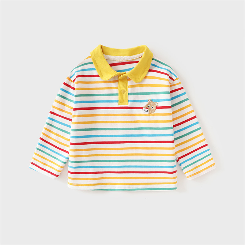 Infant and toddler T-shirts, polo collar, cartoon stripes, autumn wear, boys' and girls' base layer shirts