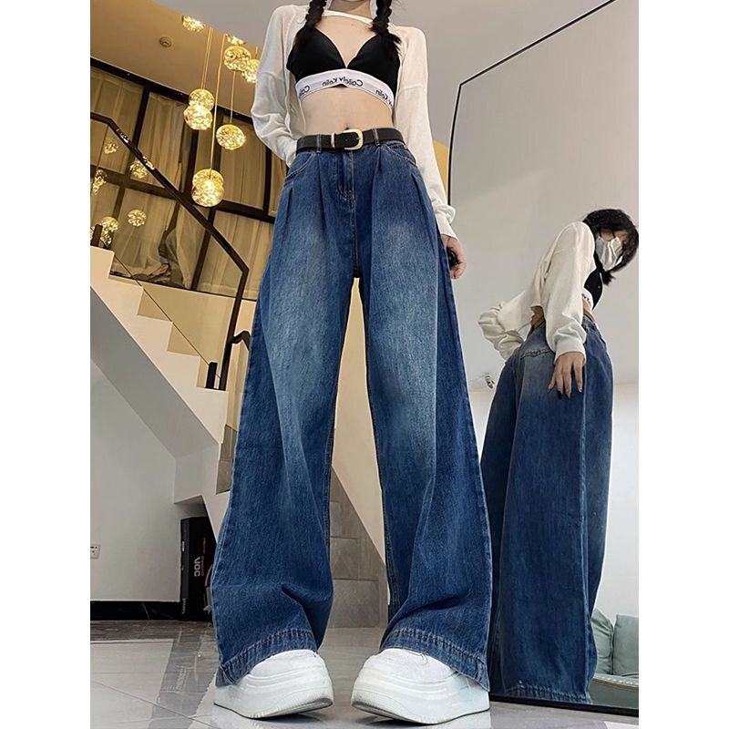 卡其色阔腿牛仔裤女夏季新款高腰宽松显瘦垂感拖地直筒裤子潮百搭|undefined