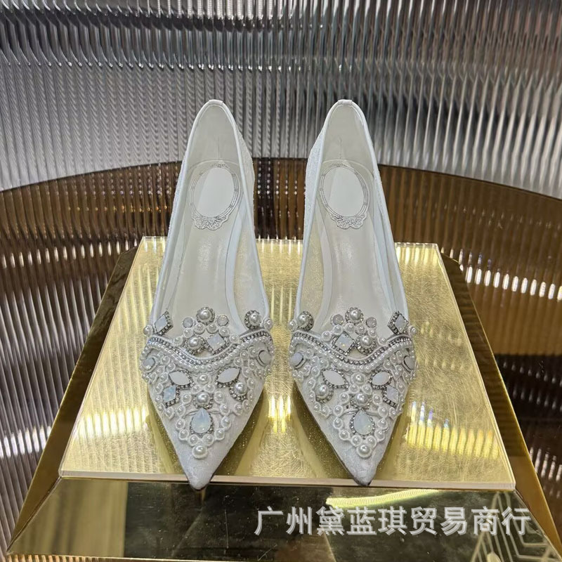 rc宝石尖头高跟鞋女真皮气质后绊带网纱单鞋细跟浅口秀禾伴娘婚鞋|undefined