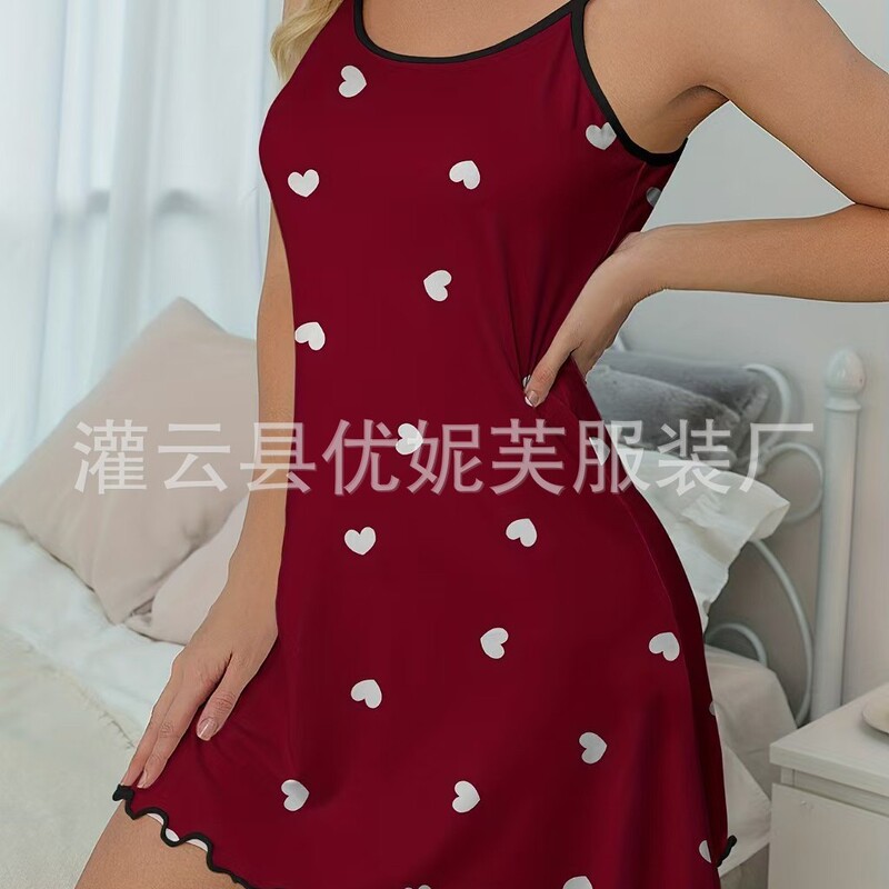 Foreign Trade Europe and the United States New Valentine's Day Red Love Love Printing Sexy Sling Sling Nightgown Ladies Home Batch