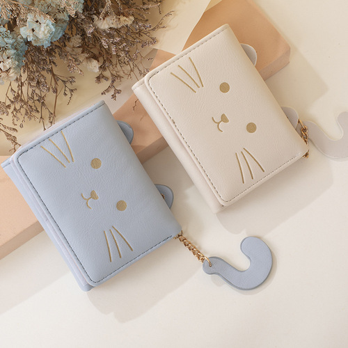 Cross-border new women's wallet girls short three-fold coin purse student cartoon kitten PU pickup bag small bag