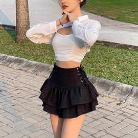 2025秋冬新款辣妹性感修身侧腰绑带半身裙女时尚高腰百褶蓬蓬短裙