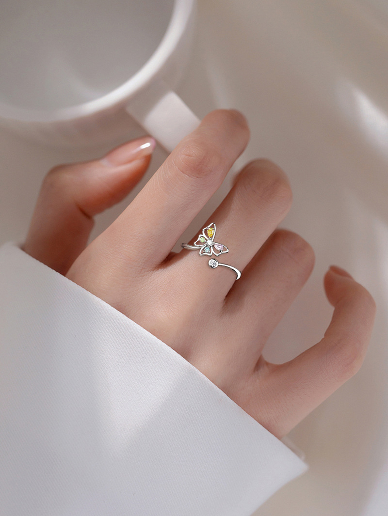 Copper Material Butterfly Pattern Sweet Butterfly Copper Plating Inlay Zircon Open Ring