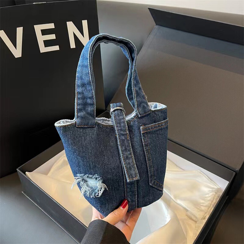New Korean-Style Practical Denim Basket Bucket Bag for Women, Niche Fashion Handbag, Versatile Small Handbag