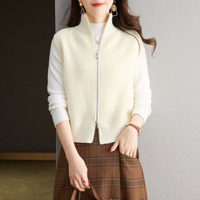 Collar vertical chaleco de punto de mujer otoño invierno 2025 nuevo chaleco de doble cremallera con la solapa suéter cardigan chaqueta de moda